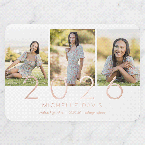Remarkably Radiant Graduation Announcement, Rose Gold Foil, White, 5x7, Matte, Personalized Foil Cardstock, Rounded, White