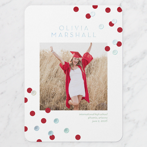 Collegiate Confetti Graduation Announcement, White, Iridescent Foil, 5x7, Write Your Own, Matte, Personalized Foil Cardstock, Rounded, White