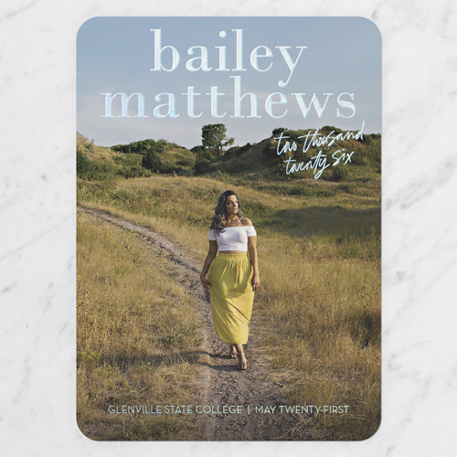 Fresh Focus Graduation Announcement, Iridescent Foil, White, 5x7, Matte, Personalized Foil Cardstock, Rounded, White