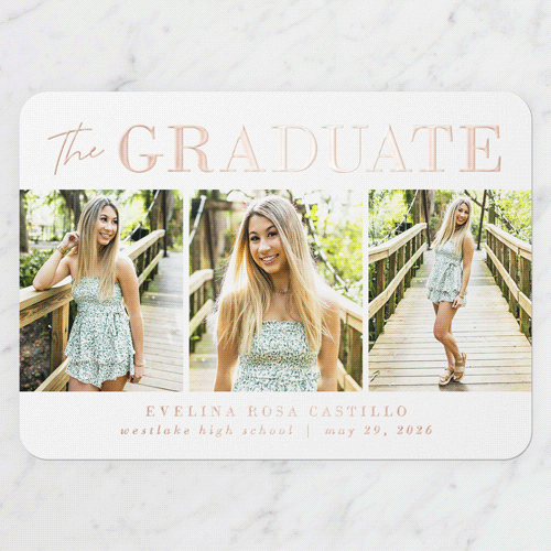 Shining Style Graduation Announcement, Rose Gold Foil, Green, 5x7, Matte, Personalized Foil Cardstock, Rounded, Sage