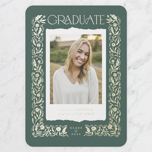 Flowery Architecture Graduation Announcement, Grey, Gold Foil, 5x7, Matte, Personalized Foil Cardstock, Rounded, Whisper Gray