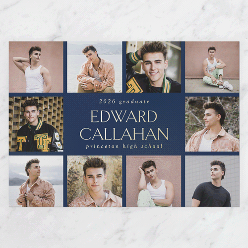 Editable Grad Grid Graduation Announcement, Gold Foil, Grey, 5x7, Matte, Personalized Foil Cardstock, Square, Whisper Gray