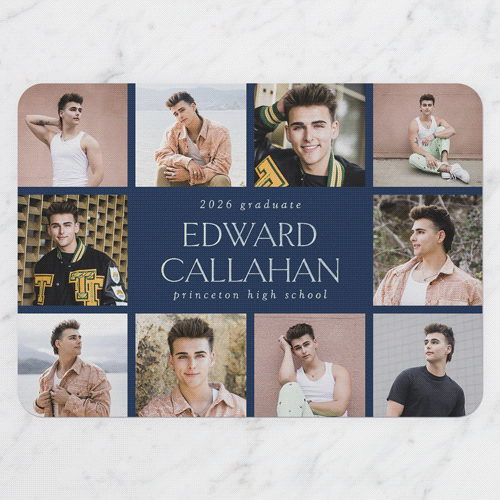 Editable Grad Grid Graduation Announcement, Iridescent Foil, Grey, 5x7, Matte, Personalized Foil Cardstock, Rounded, Whisper Gray