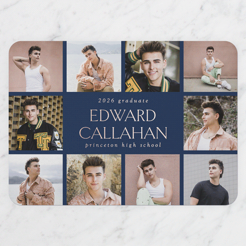 Editable Grad Grid Graduation Announcement, Rose Gold Foil, Grey, 5x7, Matte, Personalized Foil Cardstock, Rounded, Whisper Gray