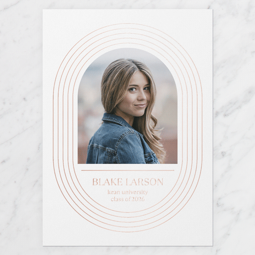 Elaborate Oval Graduation Announcement, White, Rose Gold Foil, 5x7, Matte, Personalized Foil Cardstock, Square, White