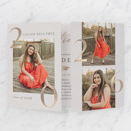 Gleaming Graduate Graduation Invitation, Beige, Gate Fold, Pearl Shimmer Cardstock, Square, Tan