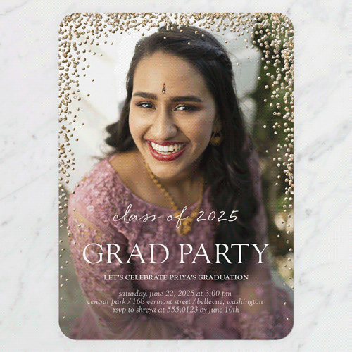 Sparkling Sprinkle Graduation Invitation, White, Write Your Own, Antique Gold Glitter, Matte, Signature Smooth Cardstock, Rounded