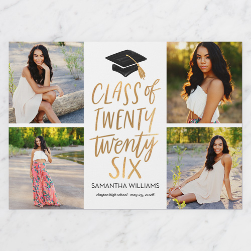 Capped Class Graduation Announcement, White, 5x7 Flat, Pearl Shimmer Cardstock, Square, White