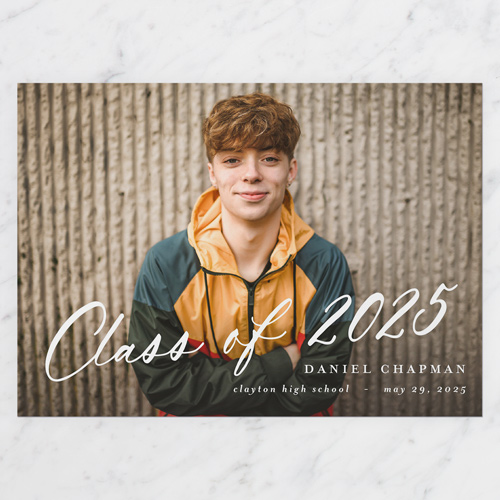 Iconic Script Graduation Announcement, White, 5x7 Flat, Signature Smooth Cardstock, Square