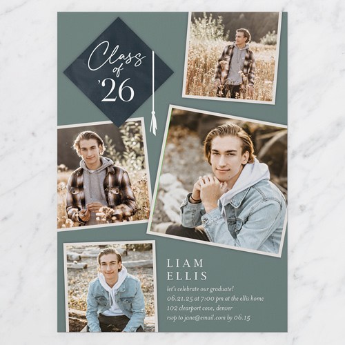 Tassel Snapshots Graduation Invitation, none, Green, 5x7 Flat, Matte, Signature Smooth Cardstock, Square, Mantis