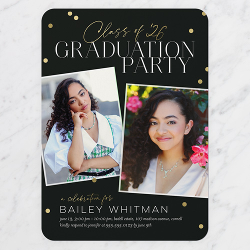 Confetti Congrats Graduation Invitation, Black, 5x7 Flat, Pearl Shimmer Cardstock, Rounded, Black