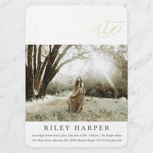 Exultant Grad Graduation Invitation, Gold Foil, White, 5x7 Flat, Pearl Shimmer Cardstock, Rounded