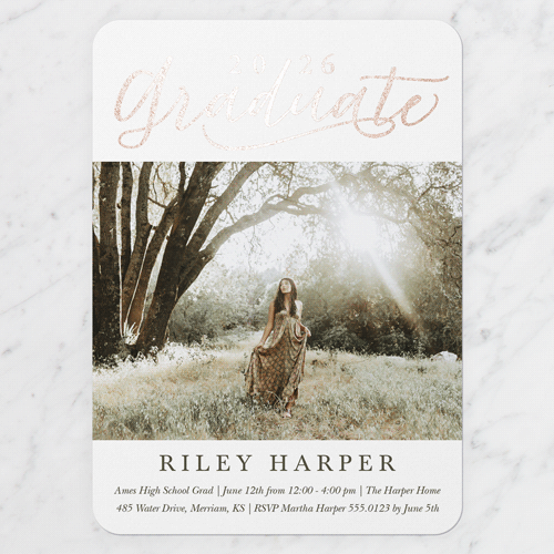 Exultant Grad Graduation Invitation, Rose Gold Foil, White, 5x7 Flat, Matte, Signature Smooth Cardstock, Rounded, White