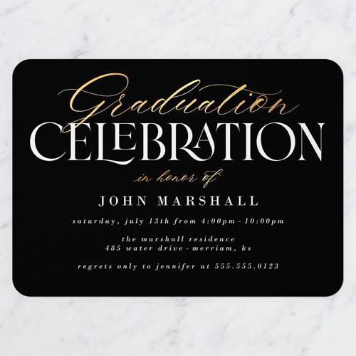Fancy Penmanship Graduation Invitation, Black, 5x7 Flat, Pearl Shimmer Cardstock, Rounded