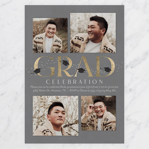 Capped Sprinkles Graduation Invitation, Grey, 5x7 Flat, Luxe Double-Thick Cardstock, Square