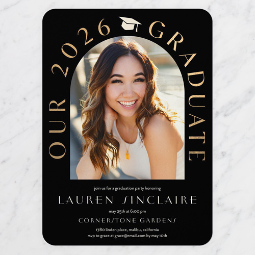 Arched Cap Graduation Invitation, Black, 5x7 Flat, Standard Smooth Cardstock, Rounded, Black