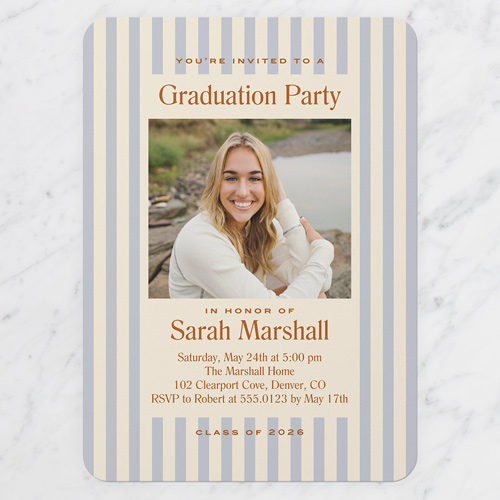 Vintage Stripes Graduation Invitation, Blue, 5x7 Flat, Write Your Own, Pearl Shimmer Cardstock, Rounded, Sky