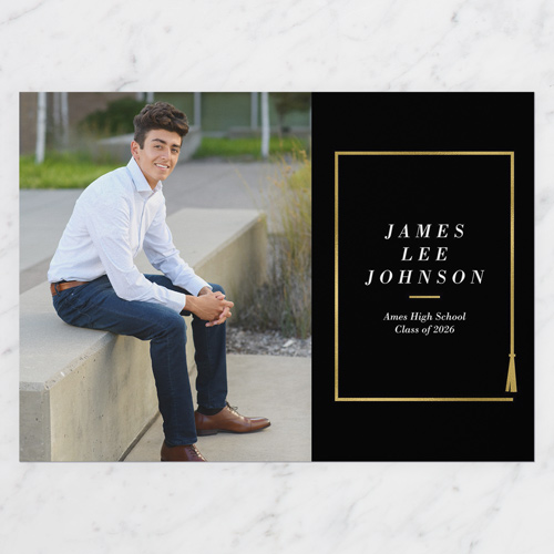 Clean Tassel Graduation Announcement, Black, 5x7 Flat, Write Your Own, Pearl Shimmer Cardstock, Square, Coal