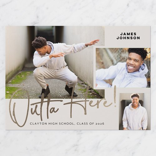 Outta Here Graduation Announcement, Grey, 5x7 Flat, Standard Smooth Cardstock, Square, Whisper Gray