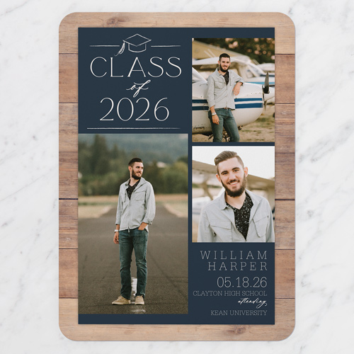 Classy Commencement Graduation Announcement, Blue, 5x7 Flat, 100% Recycled Cardstock , Rounded, Midnight