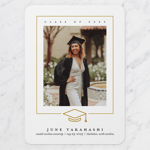 Lined Cap Graduation Announcement, White, 5x7 Flat, Matte, Signature Smooth Cardstock, Rounded, White