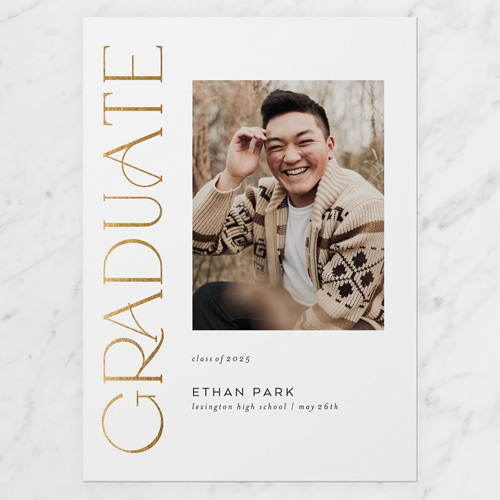 Luxe Grad Graduation Announcement, White, 5x7 Flat, Pearl Shimmer Cardstock, Square