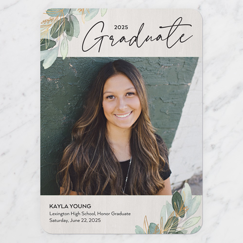 Leafy Corners Graduation Announcement, Gray, 5x7 Flat, Pearl Shimmer Cardstock, Rounded