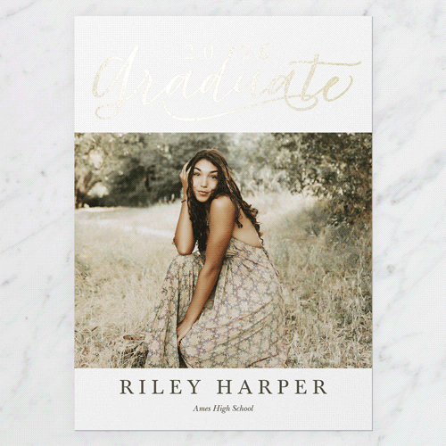 Exultant Grad Graduation Announcement, White, Gold Foil, 5x7 Flat, Pearl Shimmer Cardstock, Square, White