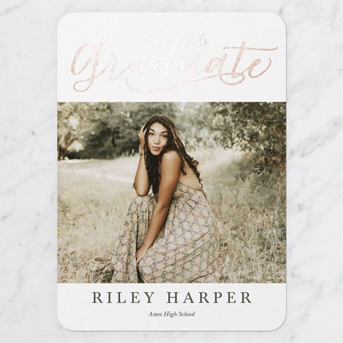 Exultant Grad Graduation Announcement, Rose Gold Foil, White, 5x7 Flat, Matte, Signature Smooth Cardstock, Rounded, White