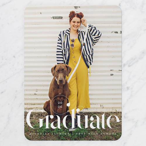 Faded Font Graduation Announcement, White, 5x7 Flat, Pearl Shimmer Cardstock, Rounded, White