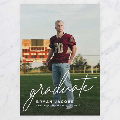 Script Grad Graduation Announcement, White, 5x7 Flat, Pearl Shimmer Cardstock, Square, White