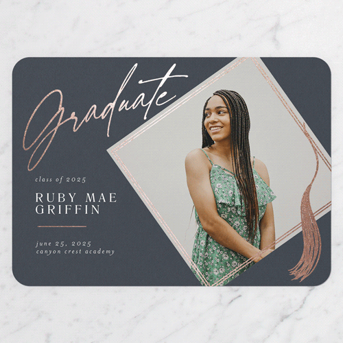 Captivating Tassel Graduation Announcement, Rose Gold Foil, Grey, 5x7 Flat, Matte, Signature Smooth Cardstock, Rounded