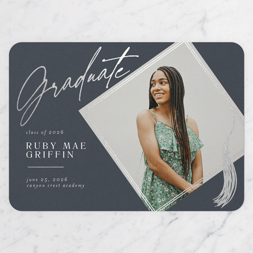 Captivating Tassel Graduation Announcement, Silver Foil, Grey, 5x7 Flat, Pearl Shimmer Cardstock, Rounded, Blue Slate