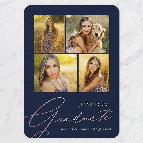 Squared Scholar Graduation Announcement, Rose Gold Foil, Blue, 5x7 Flat, Matte, Signature Smooth Cardstock, Rounded
