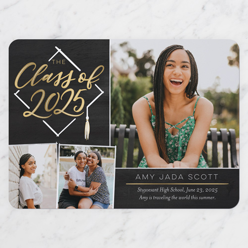 Hand Drawn Cap Graduation Announcement, Black, 6x8 Flat, Pearl Shimmer Cardstock, Rounded