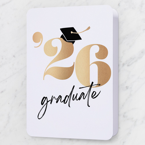 Capped Year Graduation Greeting Card, White, 5x7 Folded, Pearl Shimmer Cardstock, Rounded, White