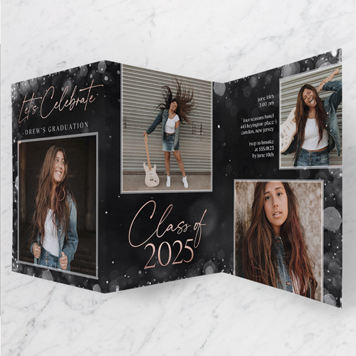 Bokeh Scholar Graduation Invitation, -Black-Tri-Fold Card-2025