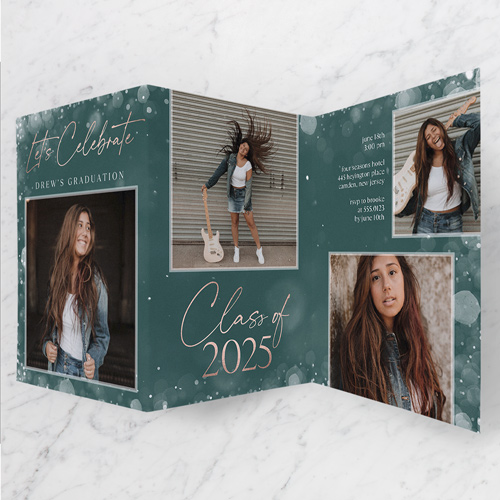 Bokeh Scholar Graduation Invitation, -Green-Tri-Fold Card-2025