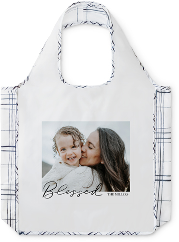 Blessed Calligraphy Reusable Shopping Bag, Plaid, Black