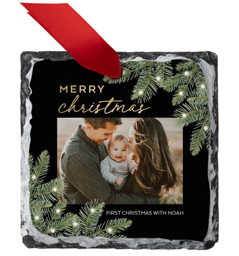 Simple Evergreen Lights Slate Ornament, Black, Square Ornament