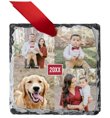 Texture Year Slate Ornament, Red, Square