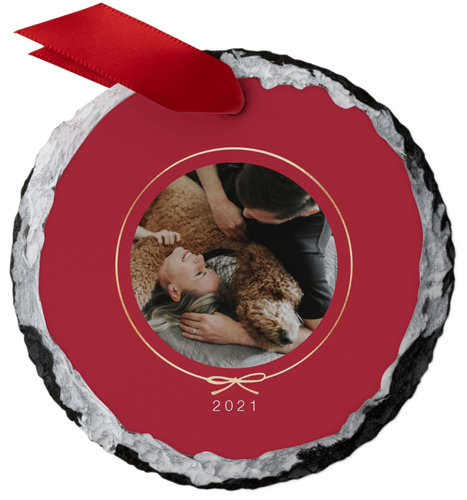Bow Border Slate Ornament, Red, Circle, scarlet