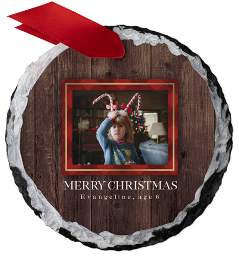 Wood Plaid Frame Slate Ornament, Brown, Circle