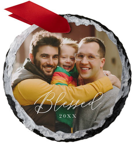 Blessed Script Slate Ornament, White, Circle, white