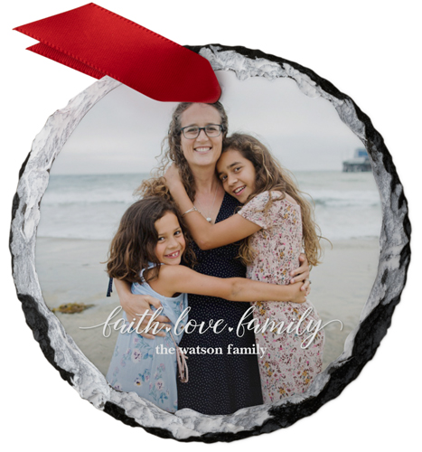 Faith Love Family Script Slate Ornament, White, Circle