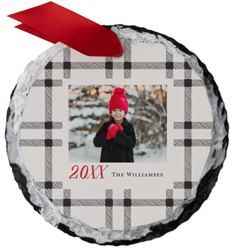 Classic Plaid Frame Slate Ornament, Beige, Circle