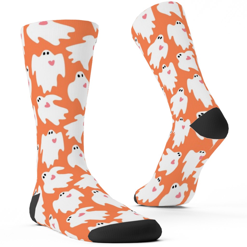 Halloween Ghosts With Hearts - Orange Custom Socks, Orange, Orange
