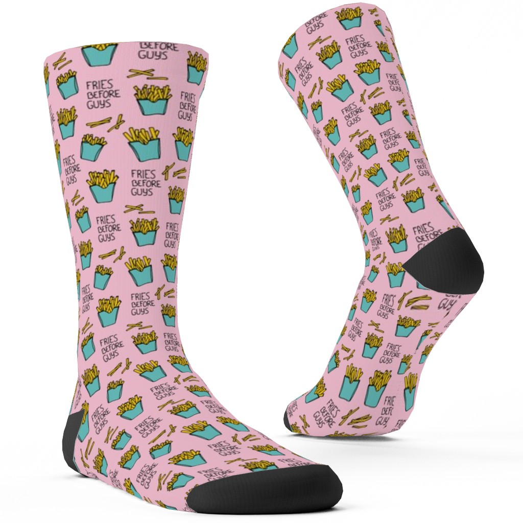 Fries Before Guys - Pop Art Food - Yellow Mint Pink Custom Socks, Pink