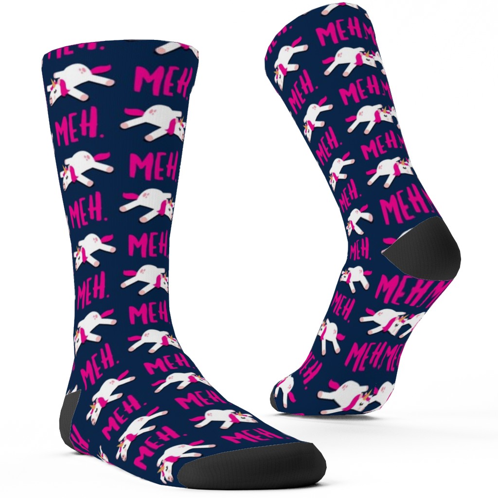 Meh - Splooting Unicorns - Pink on Navy Custom Socks, Pink, Bright Pink