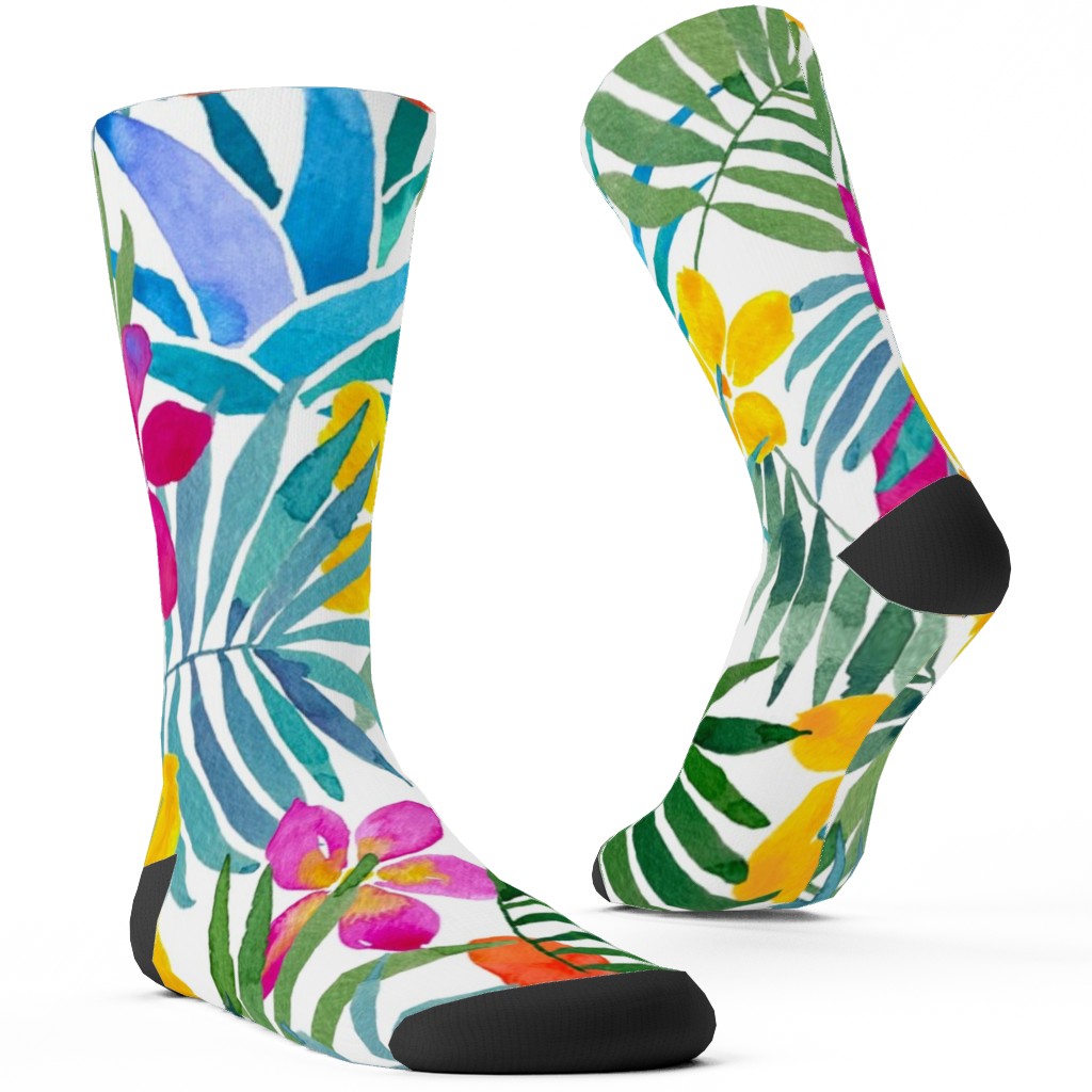 Watercolor Tropical Vibes Custom Socks, Multicolor, Classic Green